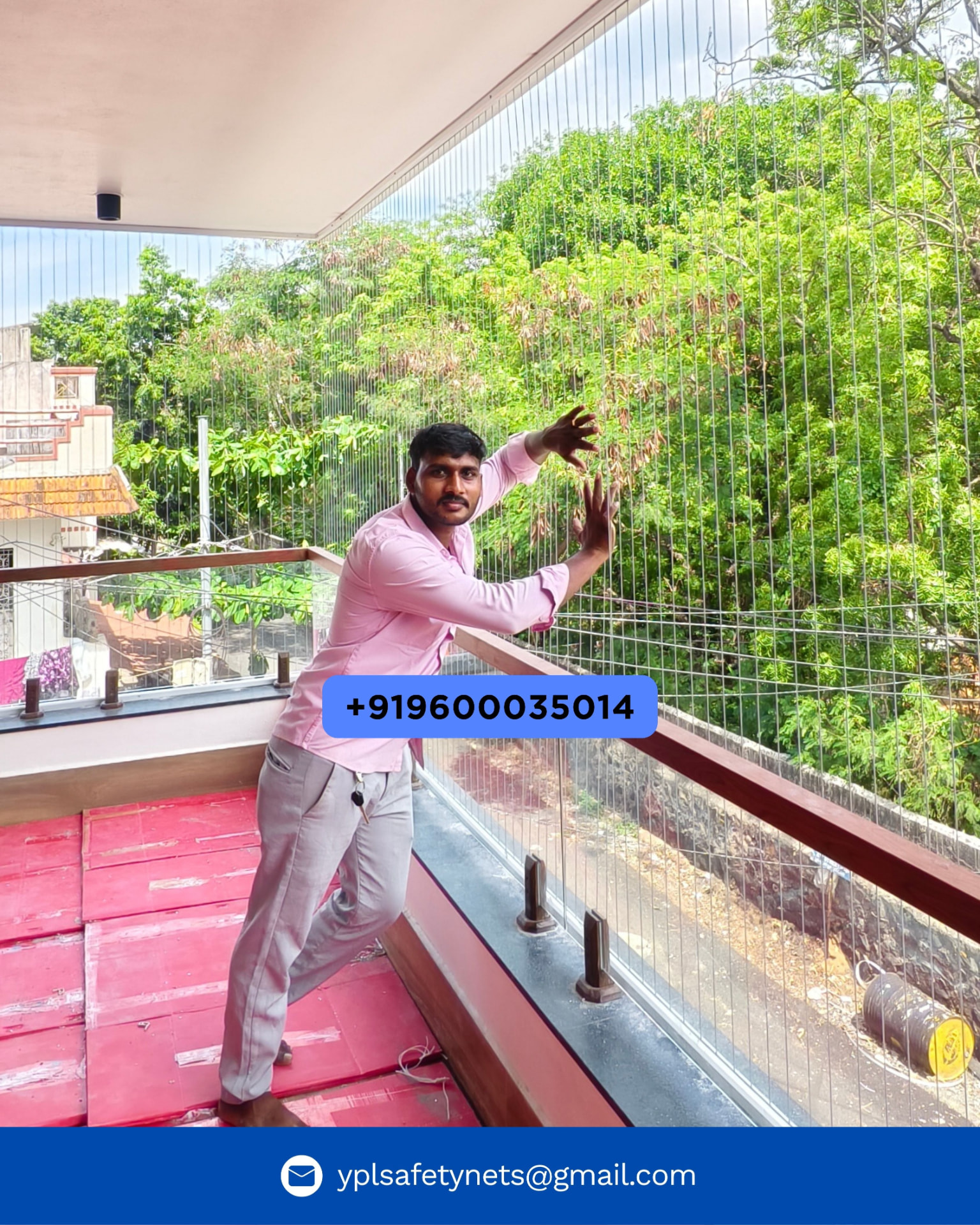 Stainless steel invisible grill installed on a residential balcony in Chennai, with the YPL contact number +91 96000 35014