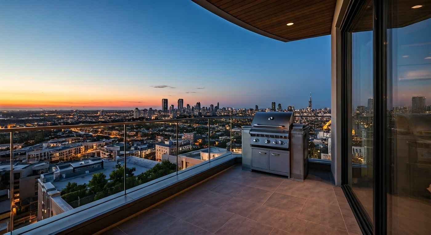 Glass-railed balcony with barbecue, tiled floor, and sliding glass doors overlooking a city skyline at sunset.