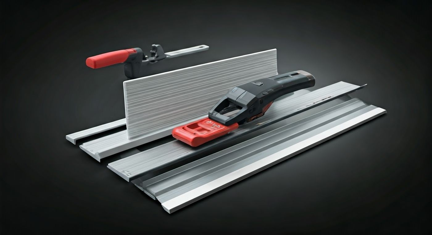 Metal mounting profiles and clamping tools displayed against a dark background.