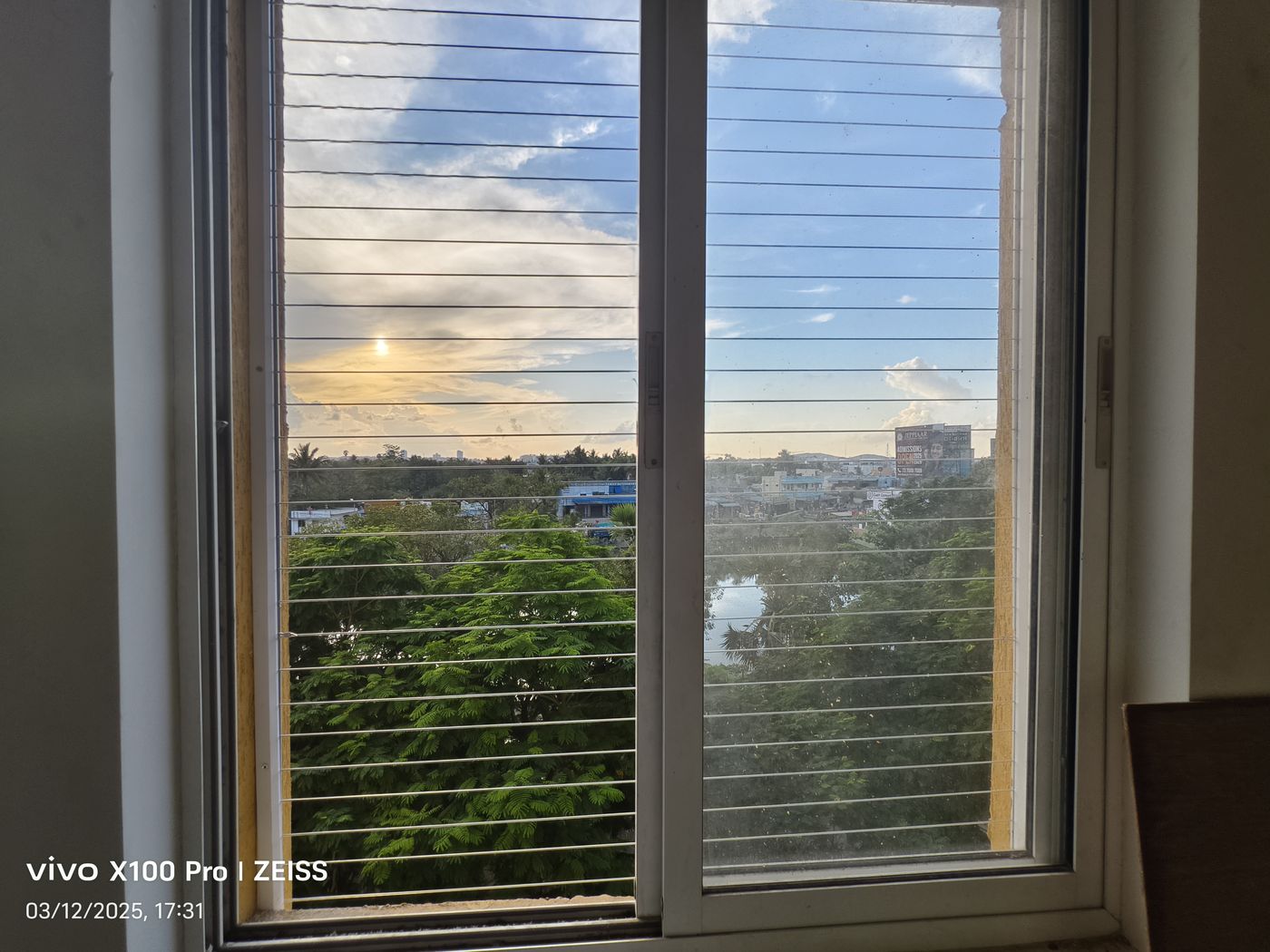 Sliding window with horizontal invisible grill wires overlooking trees, buildings, and a low sun.