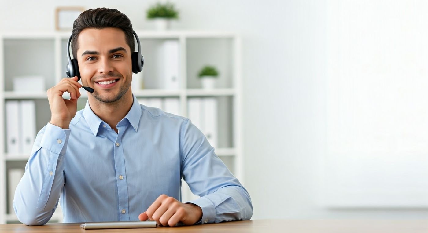 Smiling headset-wearing man seated at a desk in a bright office with white shelving.