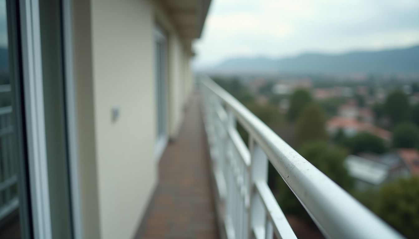 Narrow balcony with metal railing beside sliding glass doors, overlooking a blurred neighborhood and distant hills.