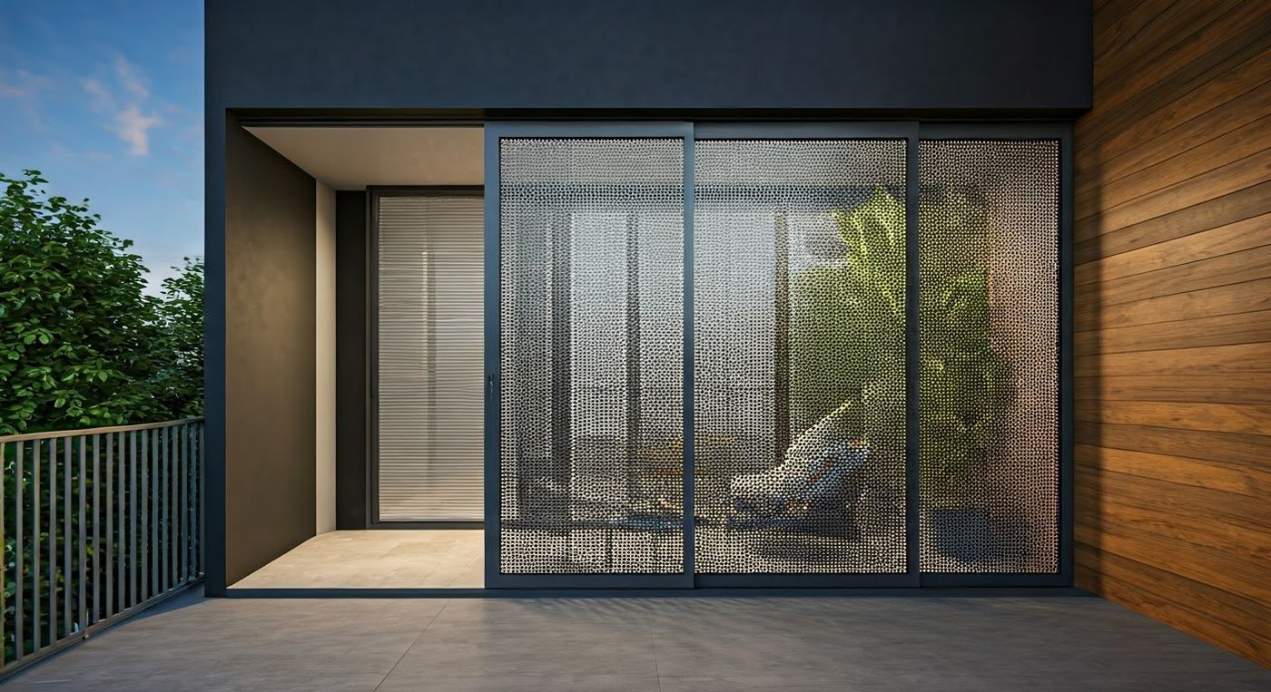 Modern terrace with dark-framed sliding mesh panels enclosing a seating area, beside wood cladding and an outdoor railing.