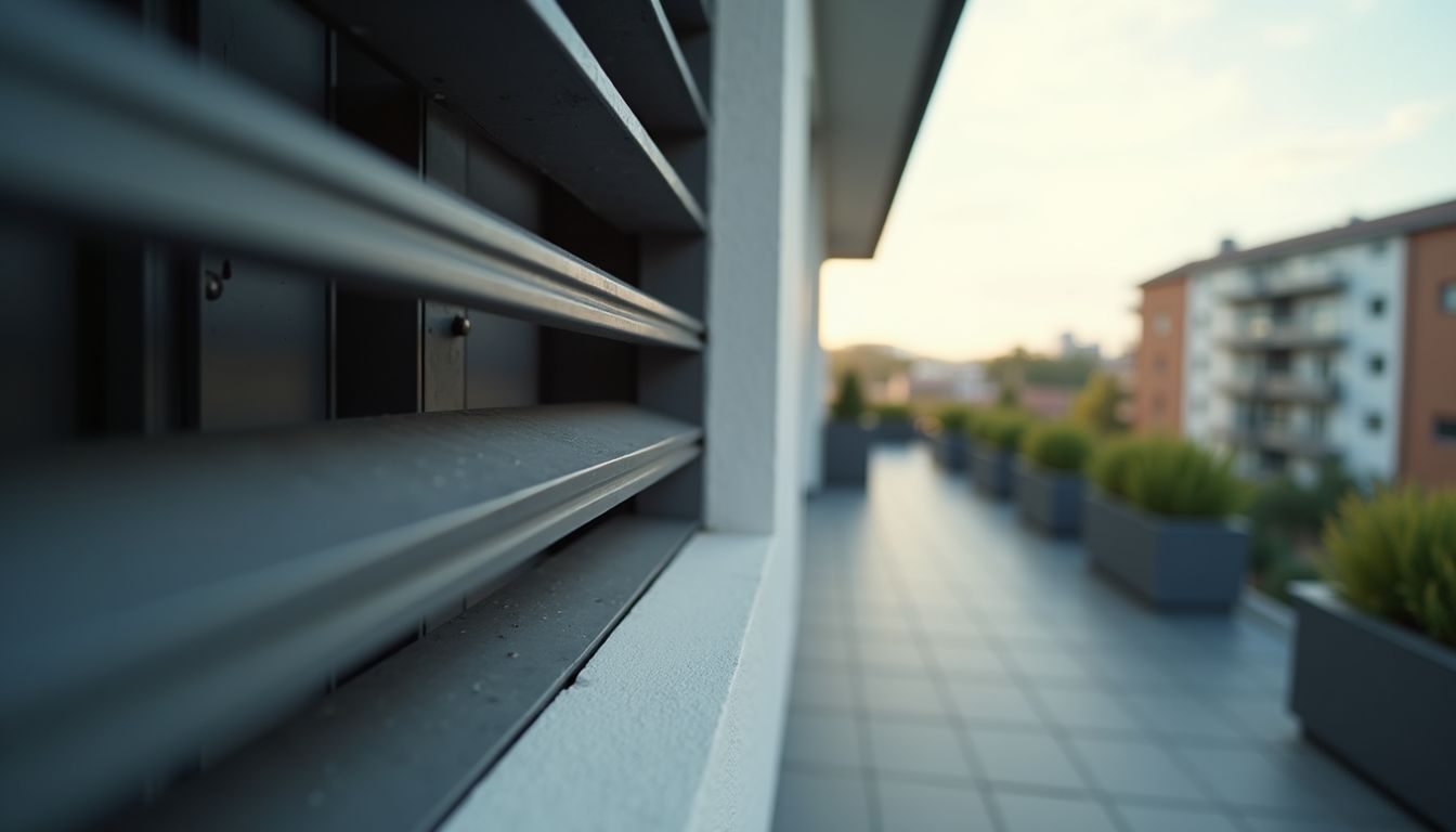 Close-up of dark horizontal window louvers beside a tiled terrace lined with planters, overlooking apartment buildings.