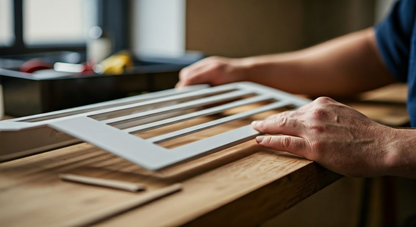 Close-up of hands positioning a rectangular slatted metal frame on a wooden workbench indoors.