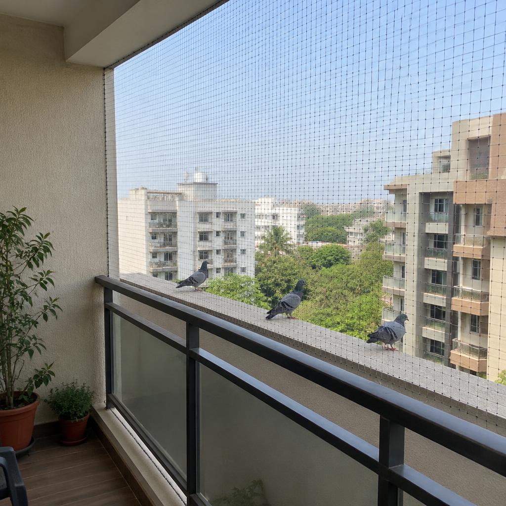 Balcony fitted with pigeon protection net, fine mesh across the opening with pigeons kept on the outer ledge