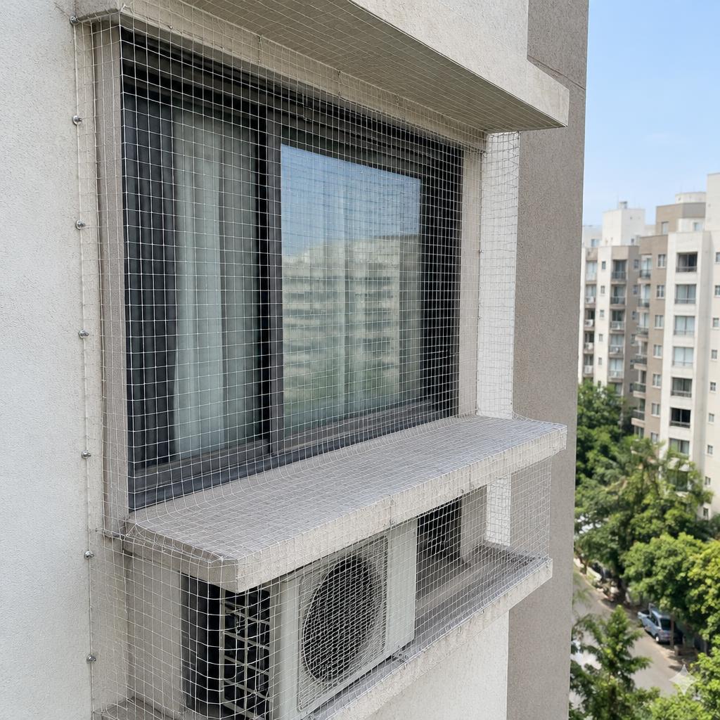 Apartment window and AC ledge covered with pigeon safety netting to keep birds out