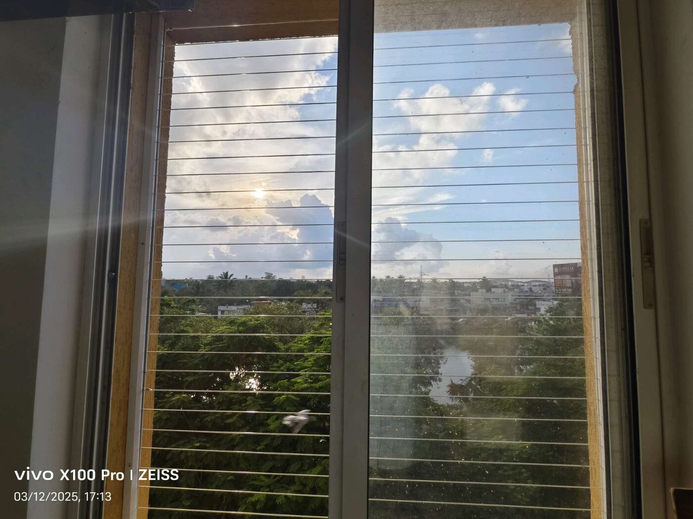 Sliding window with horizontal invisible grill wires, overlooking trees and distant buildings beneath a cloudy sky.
