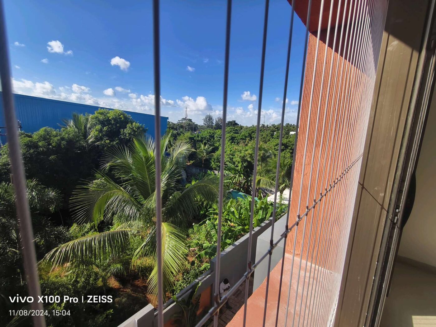 Close-up of vertical invisible grill wires across a window overlooking palm trees and a blue building.